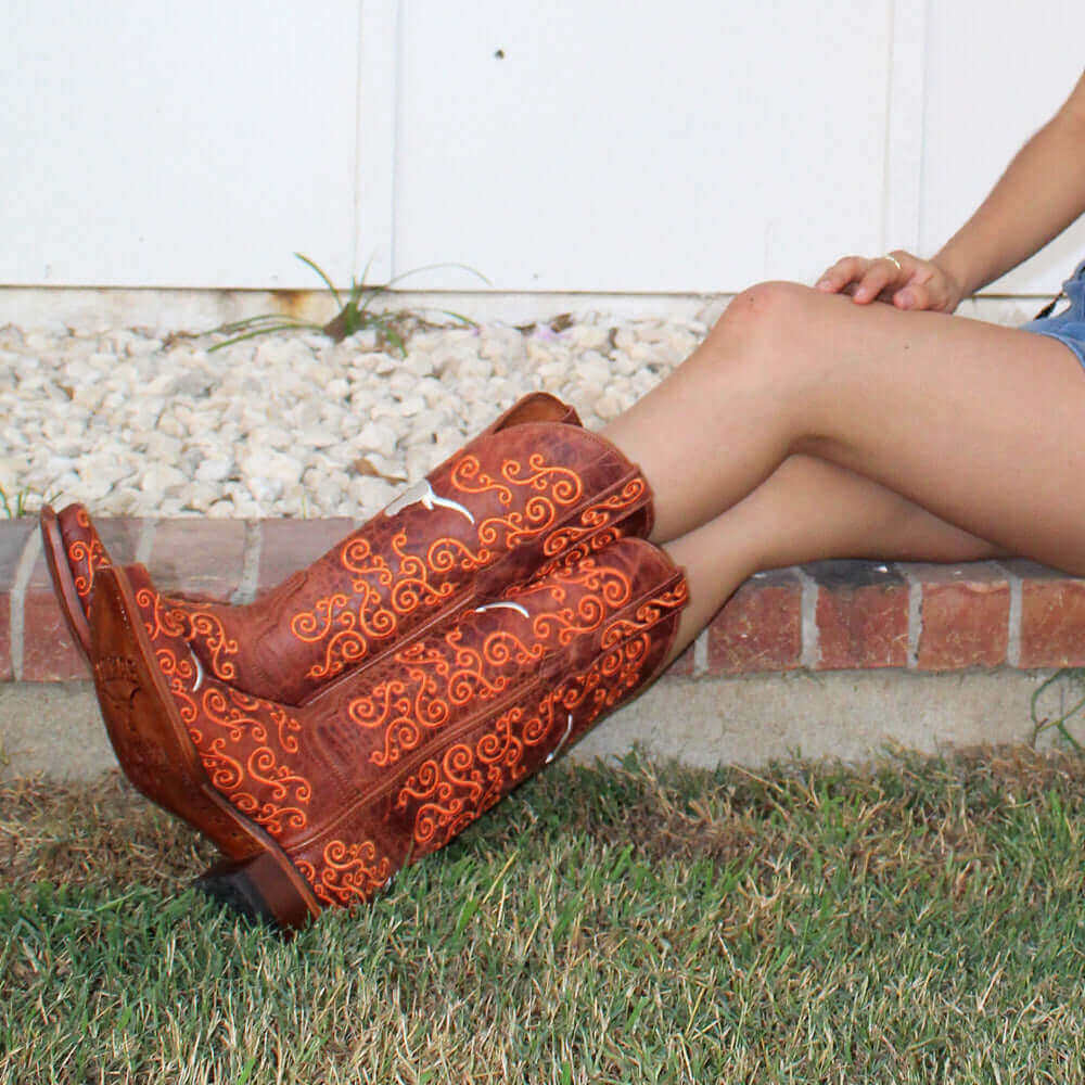Women's University of Texas Cognac Cowboy Boots Claire by Vaccari University