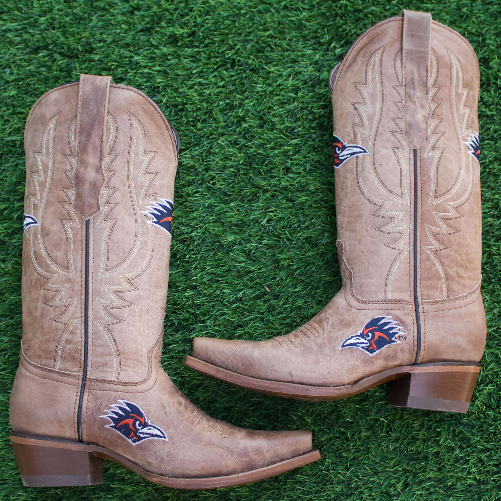 Women's University of Texas at San Antonio UTSA Roadrunners Tan Leather Snip Toe Cowgirl Boots by Vaccari
