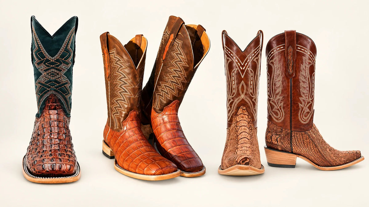 Collage of three Vaccari best-selling men’s cowboy boot styles—Hank, Navarro, and Dalton Cognac—shown side by side on a white background.
