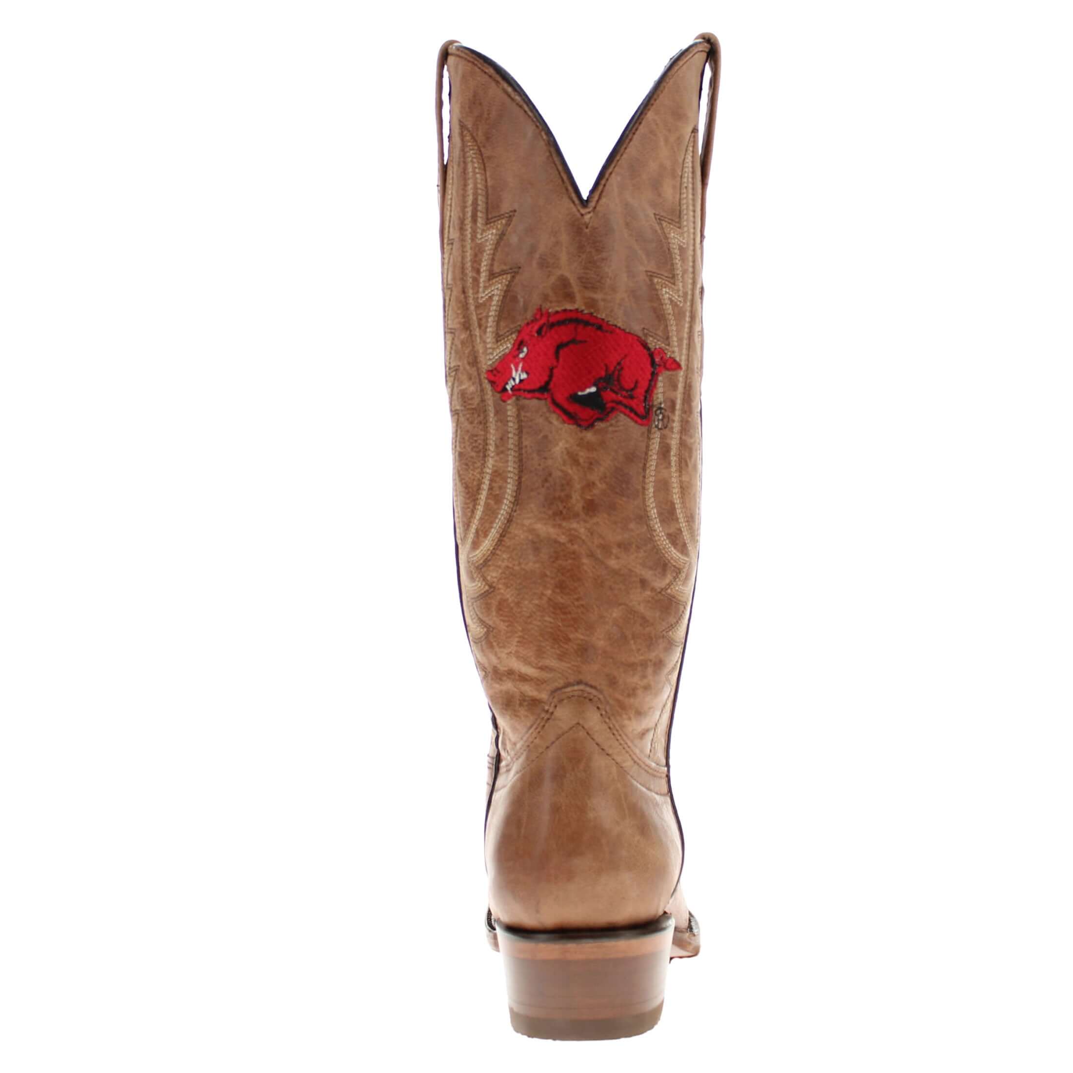 Women's University of Arkansas Razorbacks Tan Leather Snip Toe Cowgirl Boots by Vaccari