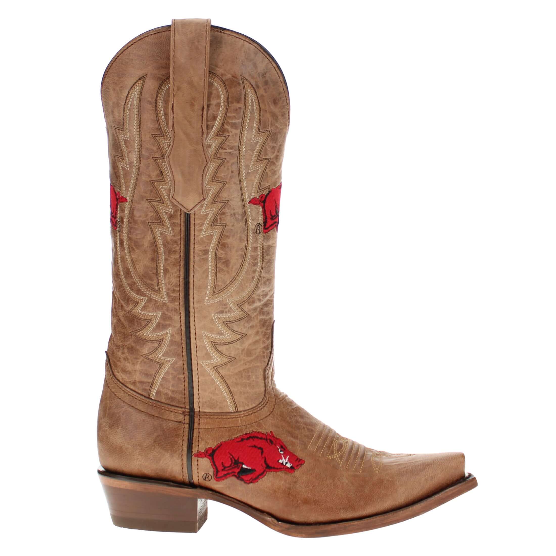 Women's University of Arkansas Razorbacks Tan Leather Snip Toe Cowgirl Boots by Vaccari