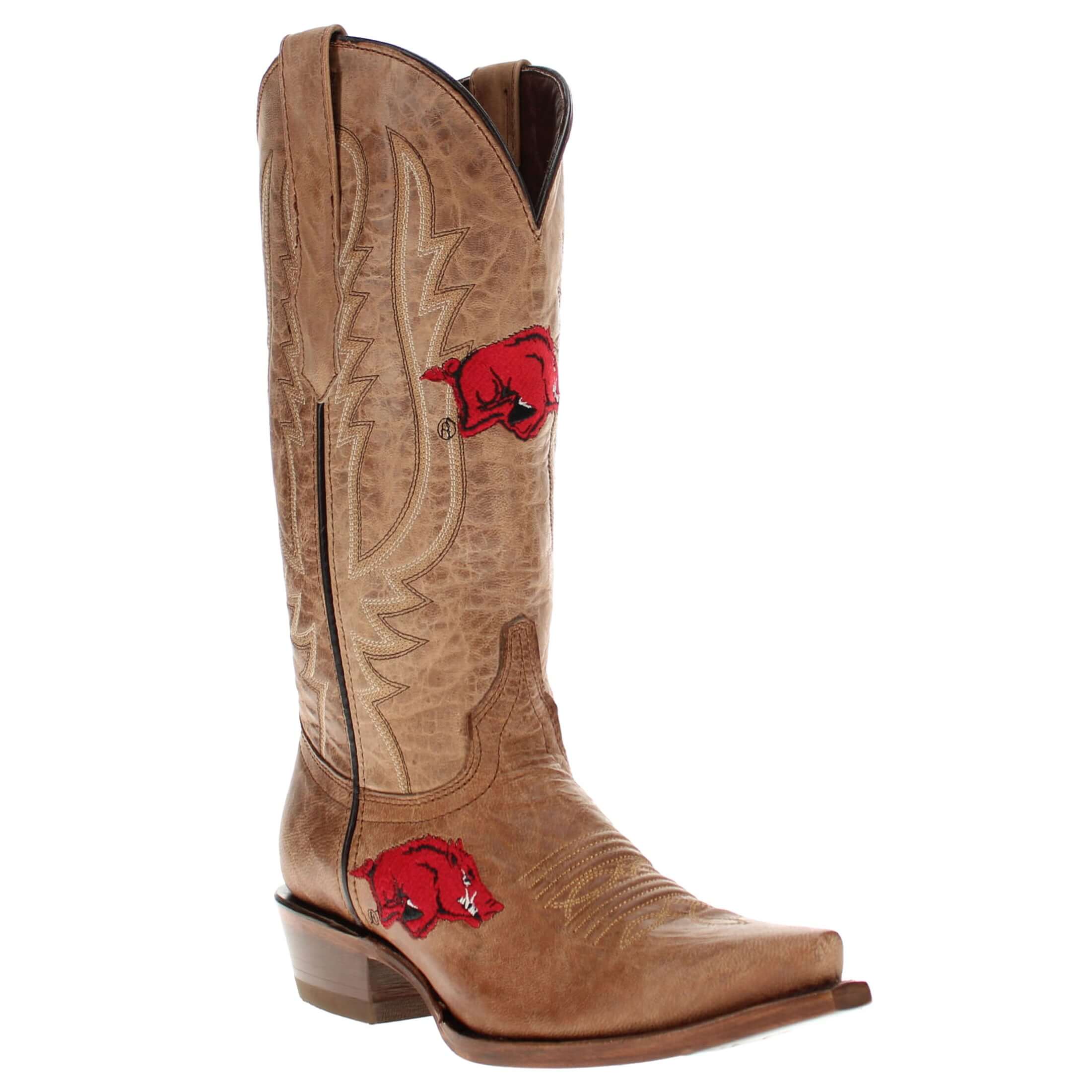 Women's University of Arkansas Razorbacks Tan Leather Snip Toe Cowgirl Boots by Vaccari