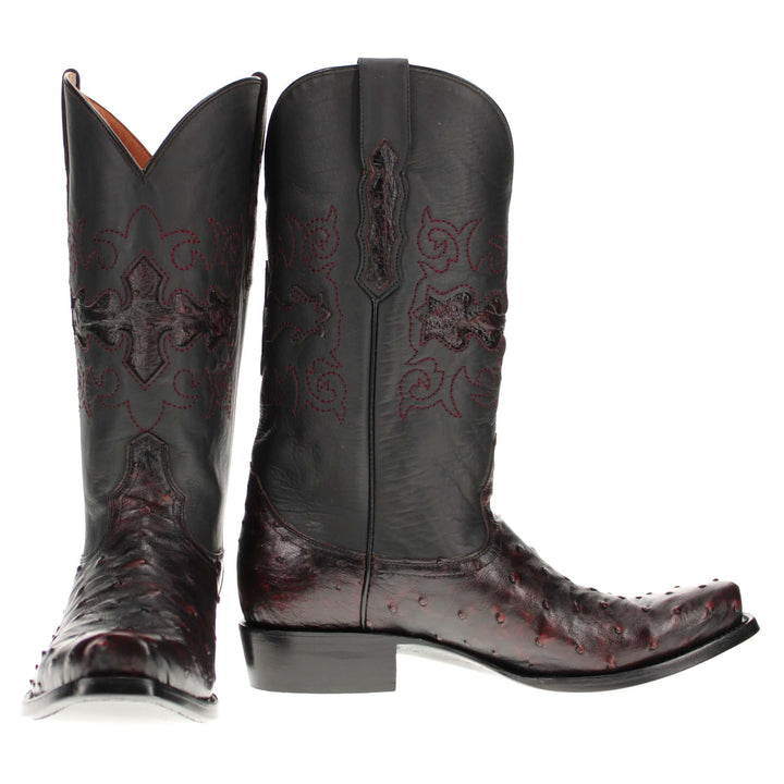 Mens black cherry leather western boots with narrow square toe and decorative stitching, featuring full-quill ostrich leather on the foot for added texture.