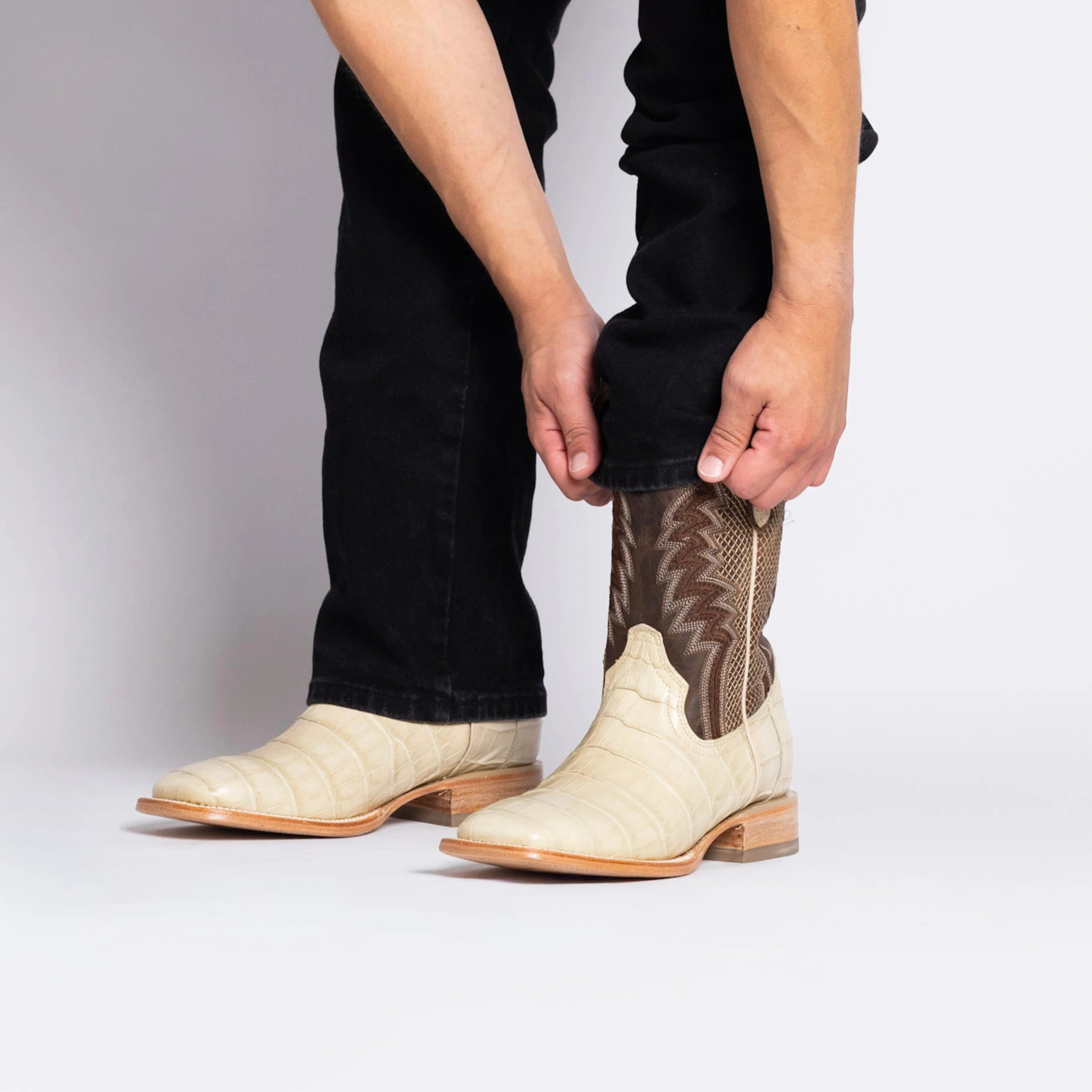 Men's Bone American Alligator Belly Square Toe Cowboy Boots by Vaccari