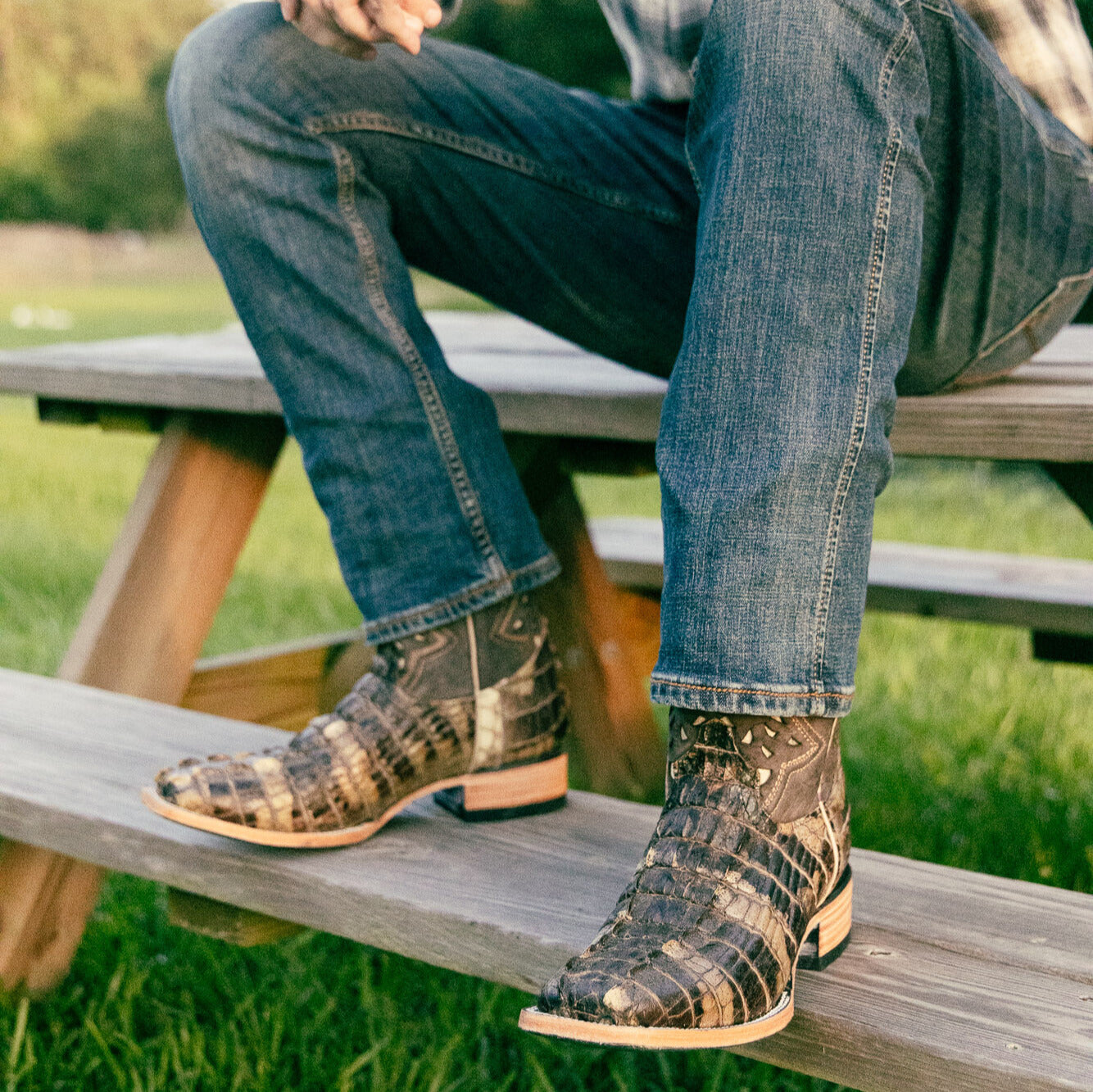 Men's Natural American Alligator Tail Cut Hornback Cowboy Boots Axel by Vaccari