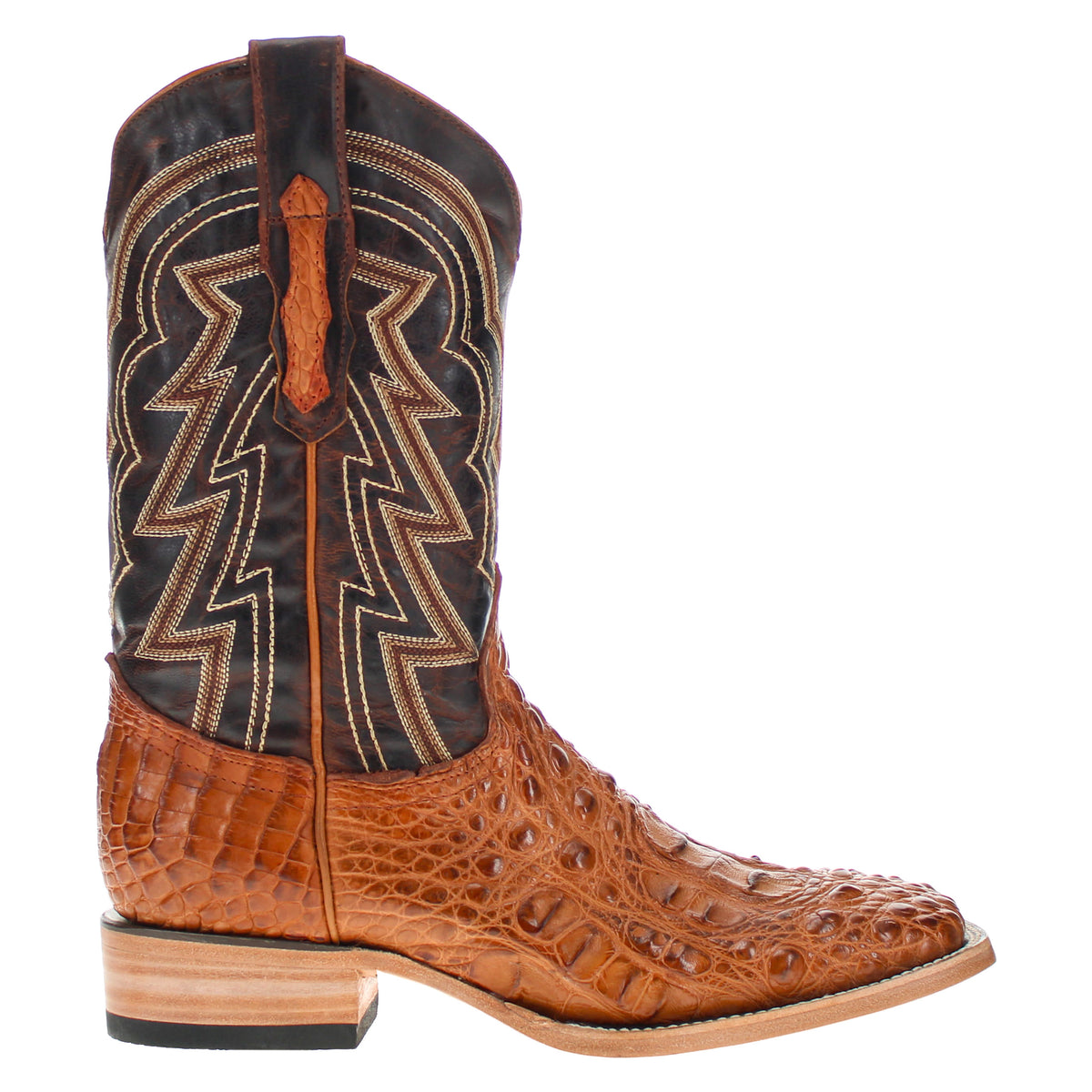 Brown leather cowboy boot with dark shaft panels, stitched patterns, and block heel.