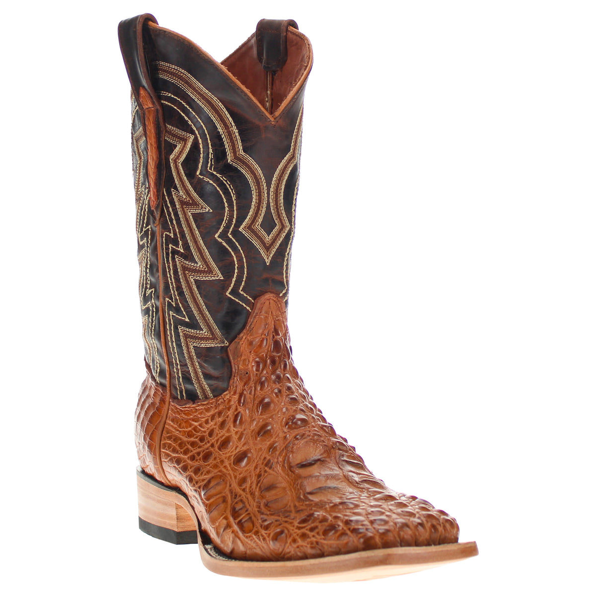 Brown cowboy boot angled side view with stitched geometric trim on the shaft.