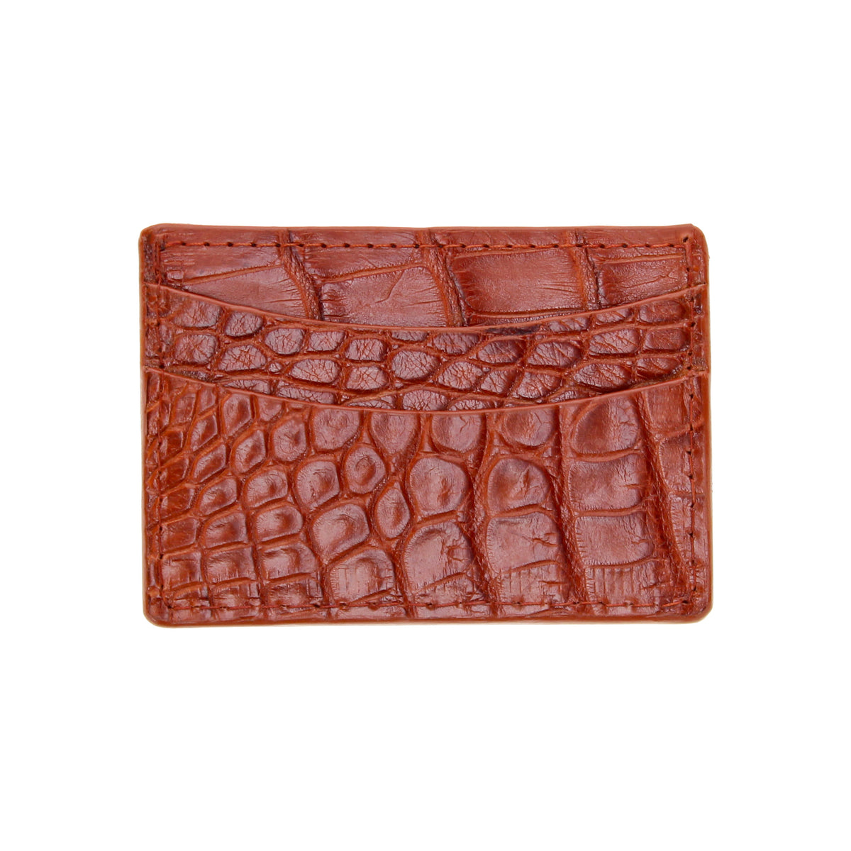 Brown embossed alligator-style leather card holder with smooth stitched edge