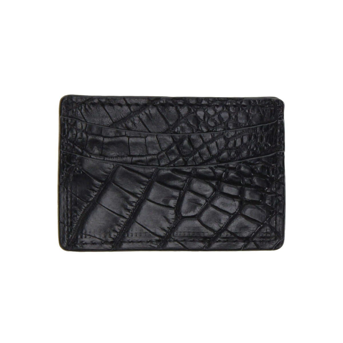 Black embossed alligator card holder, smooth front with stitched edges