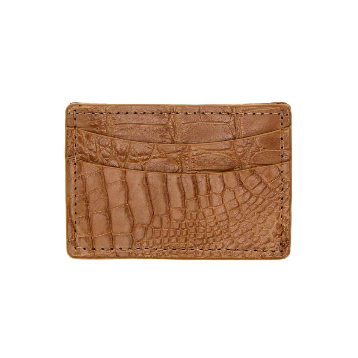 Tan embossed leather card holder front with card slots and visible top seam