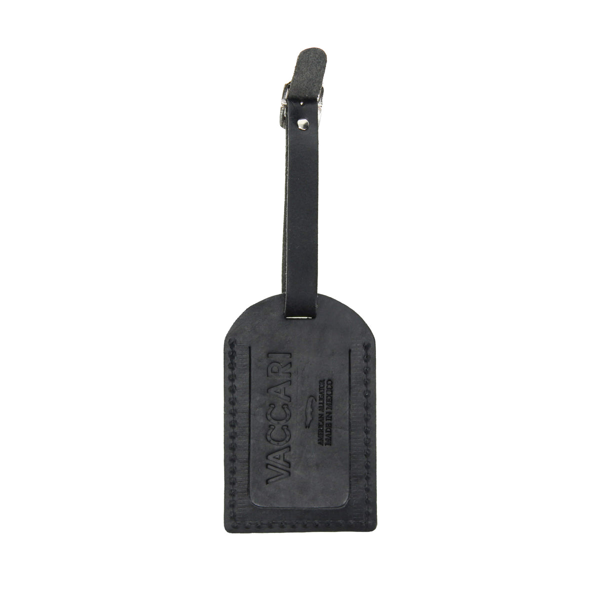 Black leather luggage tag with hanging strap and embossed text logo
