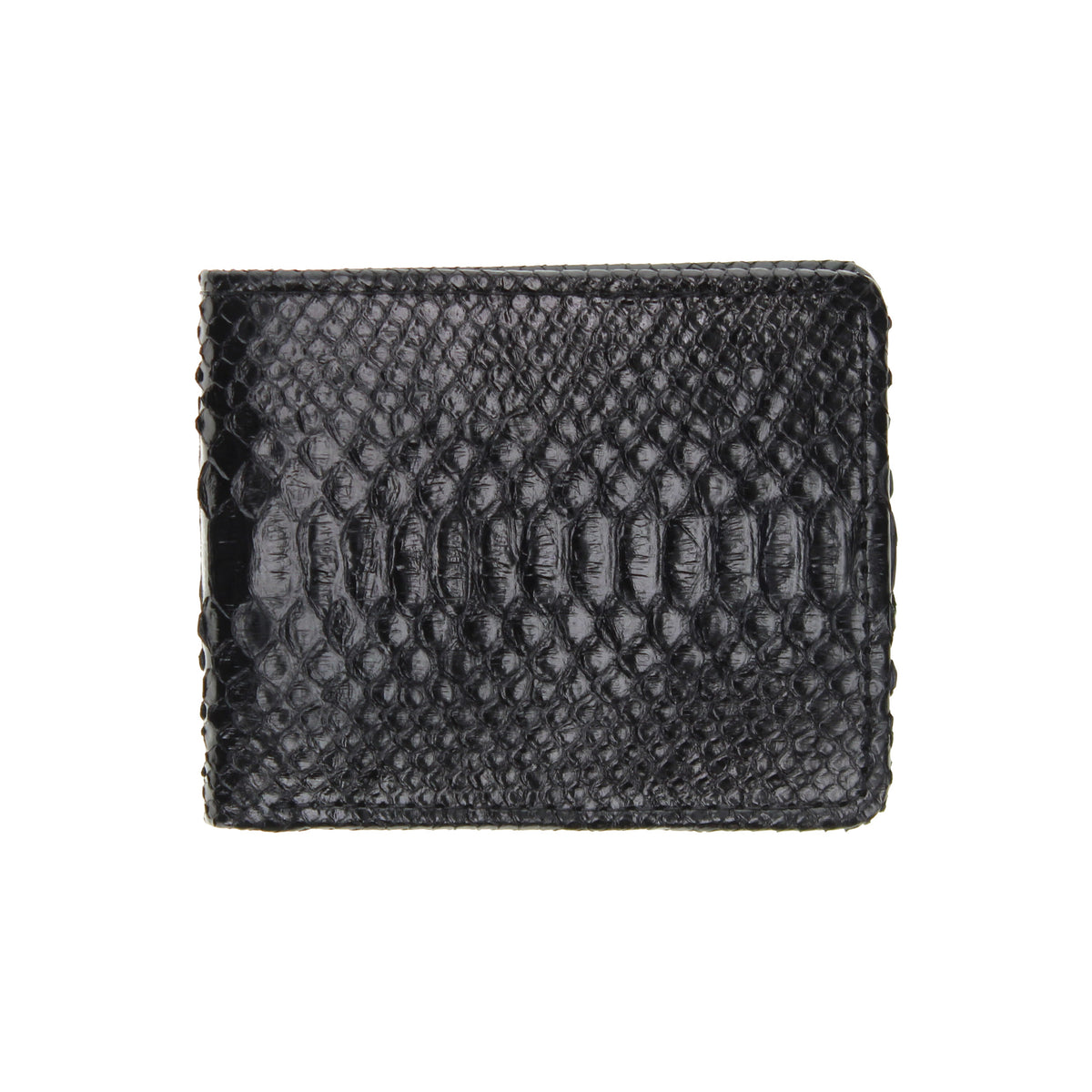 Black textured python billfold front with stitched edges and card slot details