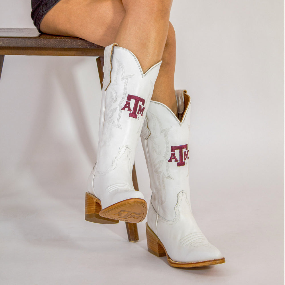 Women's Texas A&M Aggies All White Pointed Toe Cowgirl Boots Leighton Vaccari University