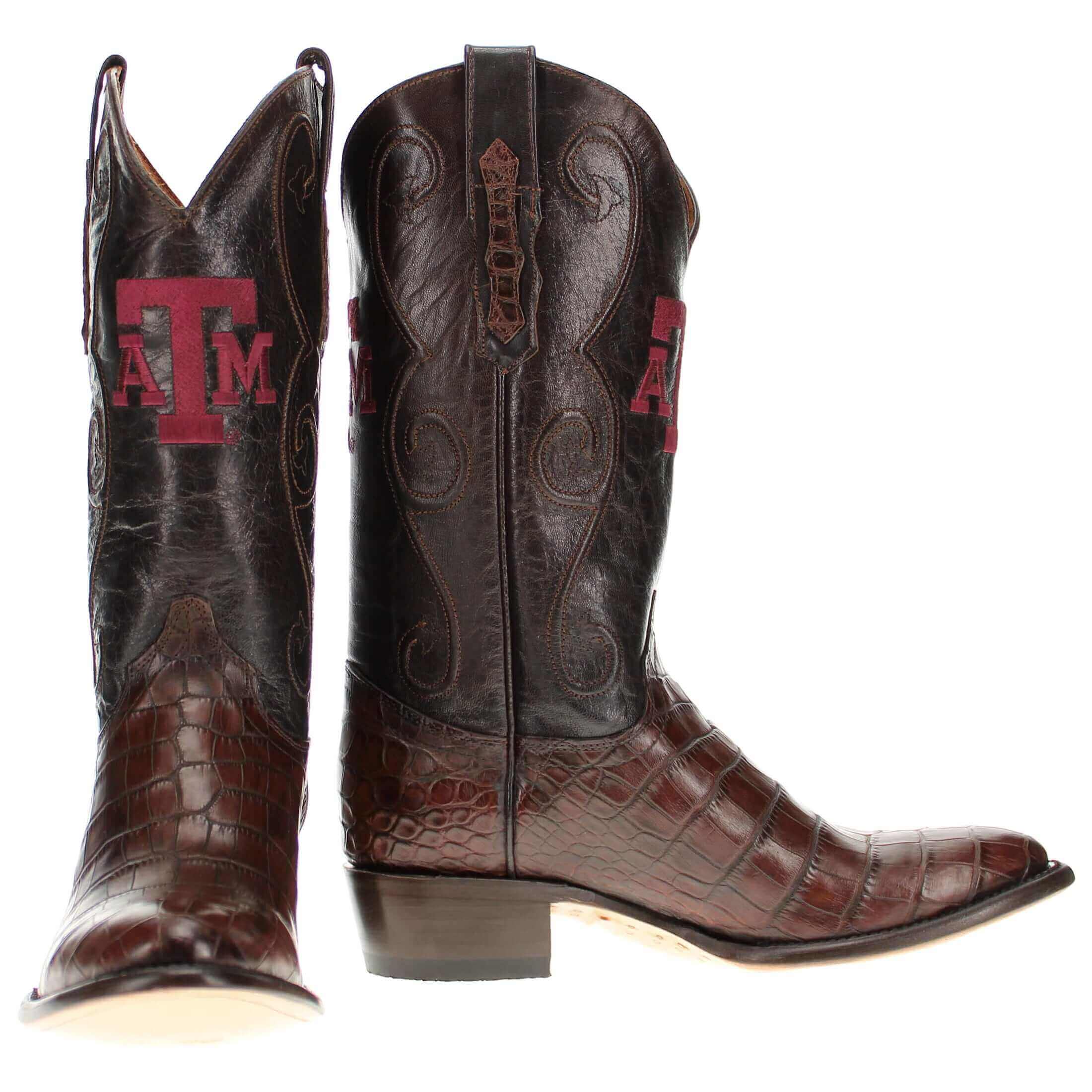 Men's Texas A&M Aggies Brown American Alligator Belly Cowboy Boots James by Vaccari #select-a-toe_round