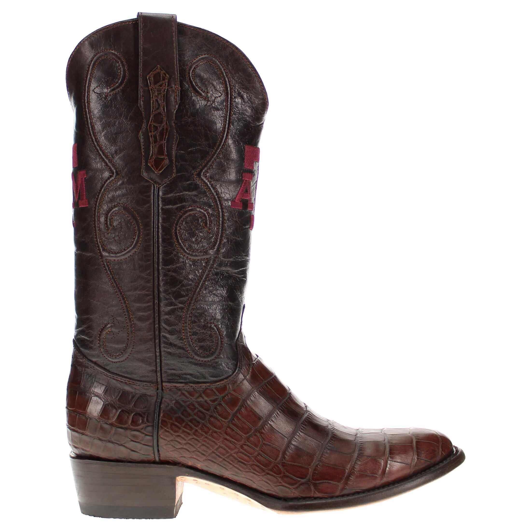 Men's Texas A&M Aggies Brown American Alligator Belly Cowboy Boots James by Vaccari #select-a-toe_round
