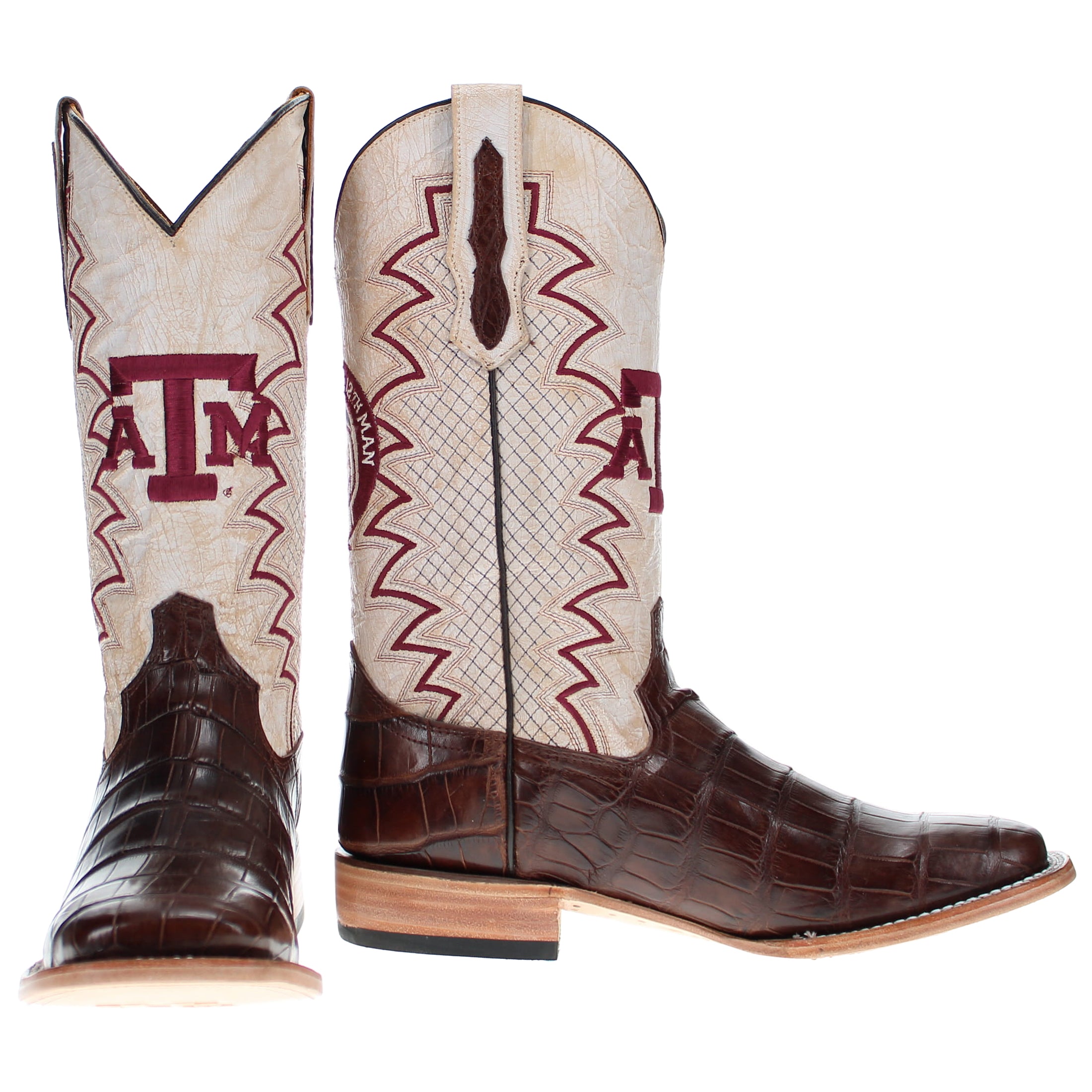 Men's Texas A&M Aggies Brown Square Toe American Alligator Cowboy Boots Parker by Vaccari