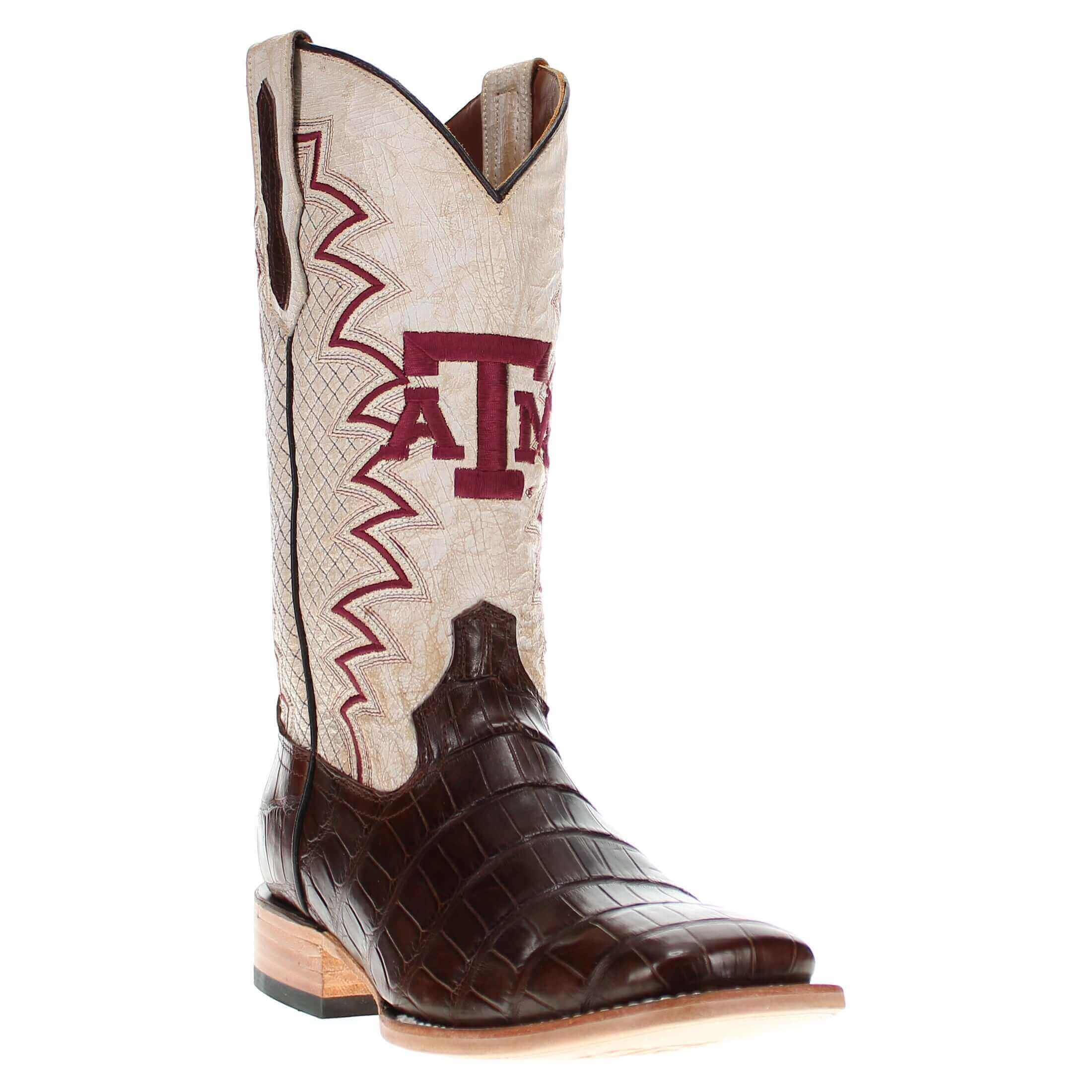 Men's Texas A&M Aggies Brown Square Toe American Alligator Cowboy Boots Parker by Vaccari