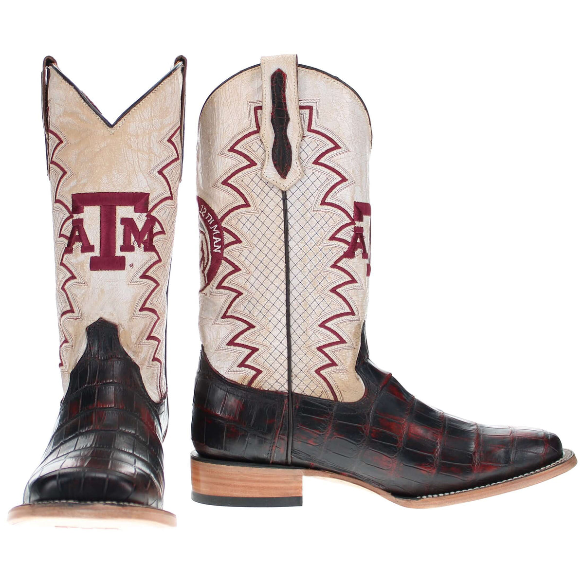 Cowboy boots with cream shaft and dark crocodile-style foot, Texas A&M crest