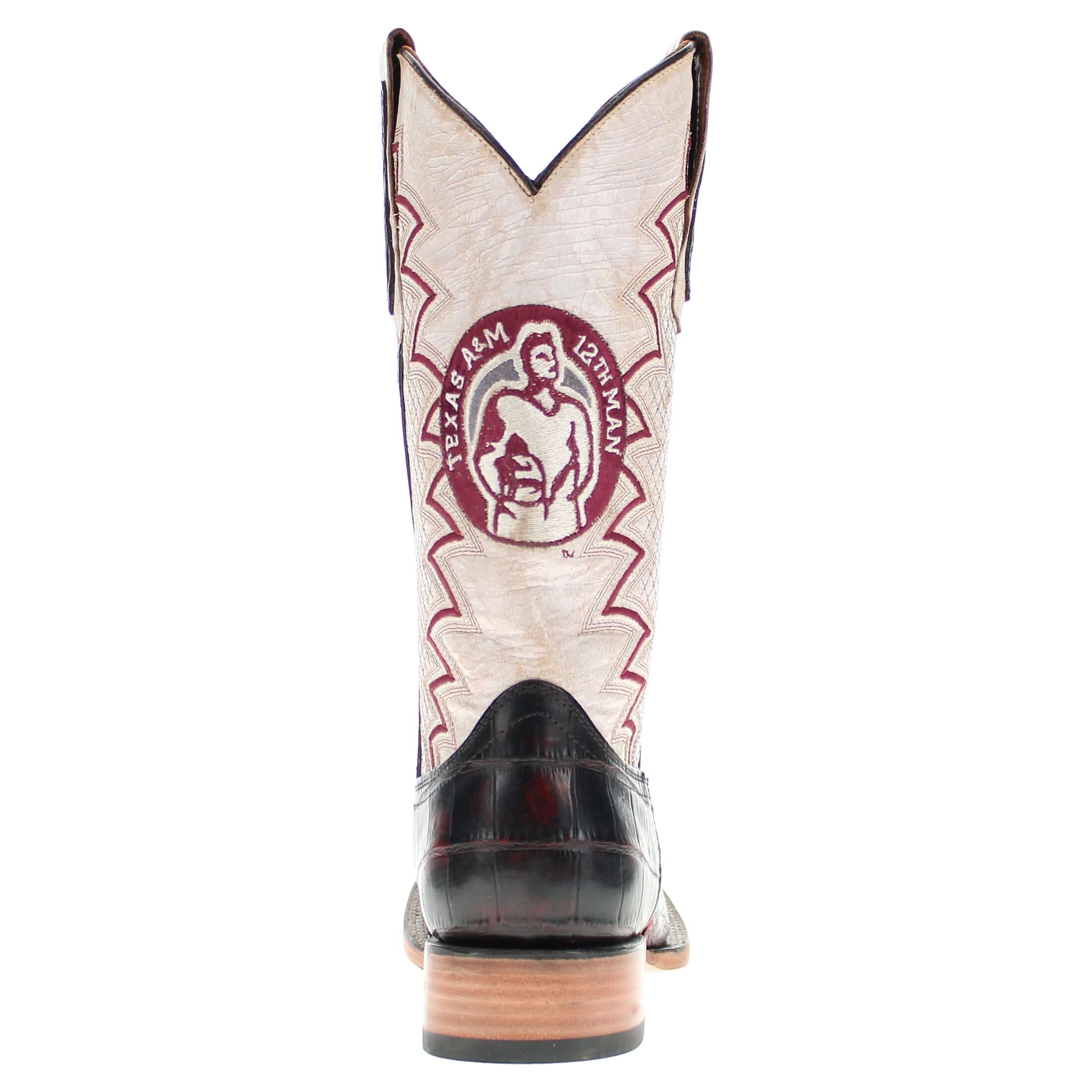 Men's Texas A&M Aggies Black Cherry Square Toe American Alligator Cowboy Boots Parker by Vaccari