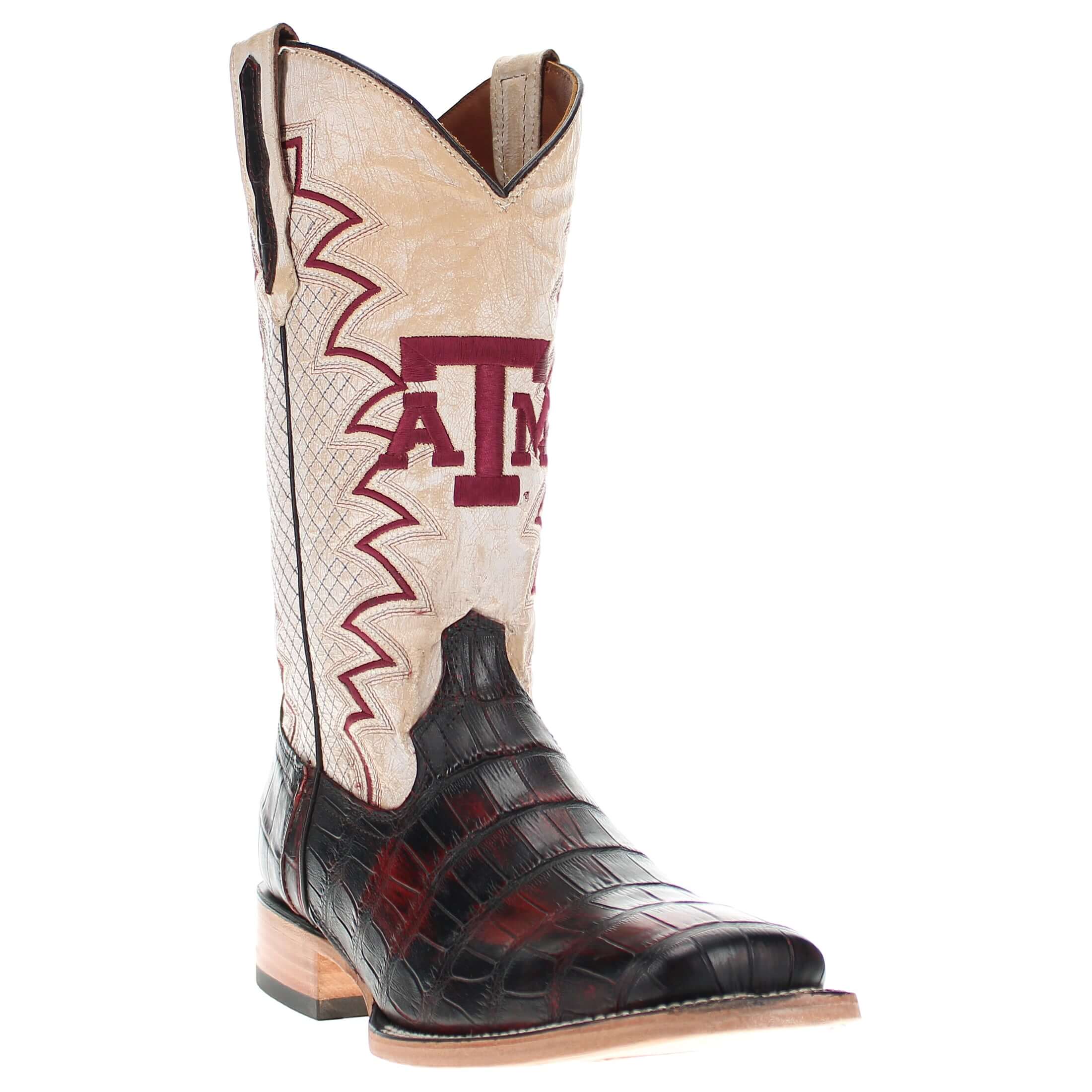 Men's Texas A&M Aggies Black Cherry Square Toe American Alligator Cowboy Boots Parker by Vaccari