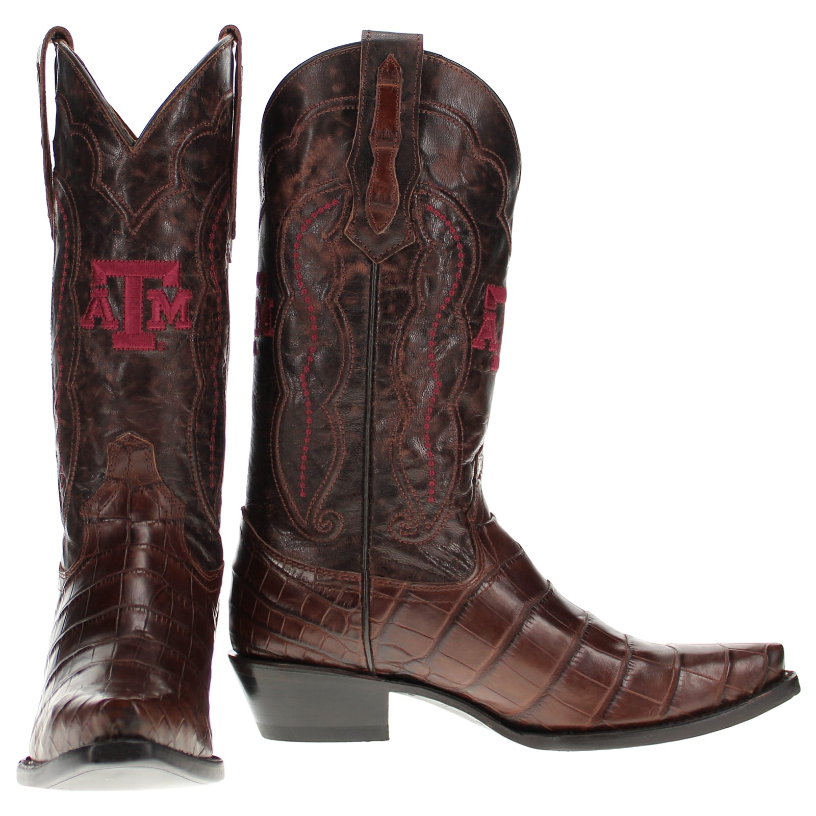 Women's Texas A&M Aggies Brown American Alligator Snip Toe Cowgirl Boots Olivia by Vaccari