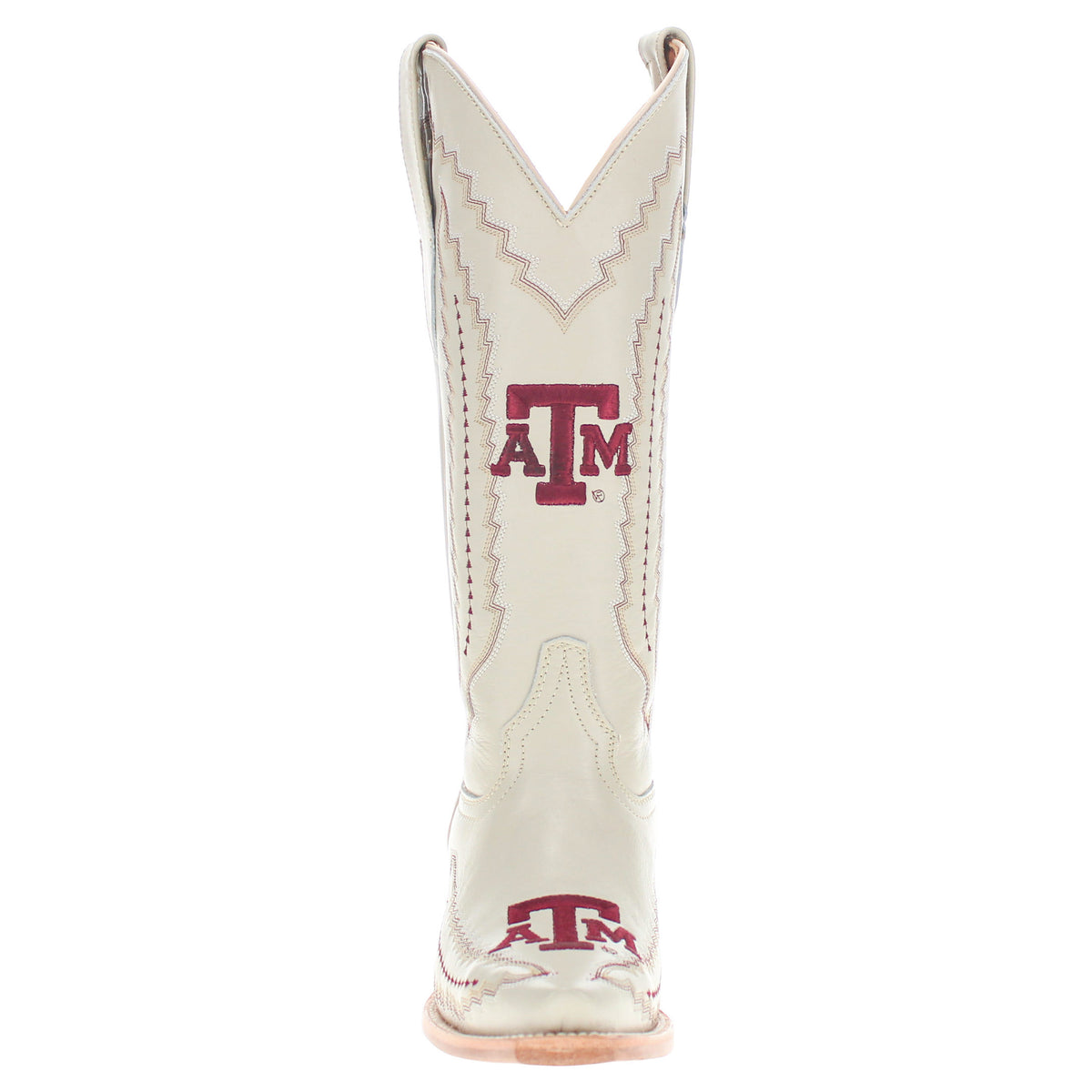 Cream cowboy boot with maroon A&M logo centered on front shaft