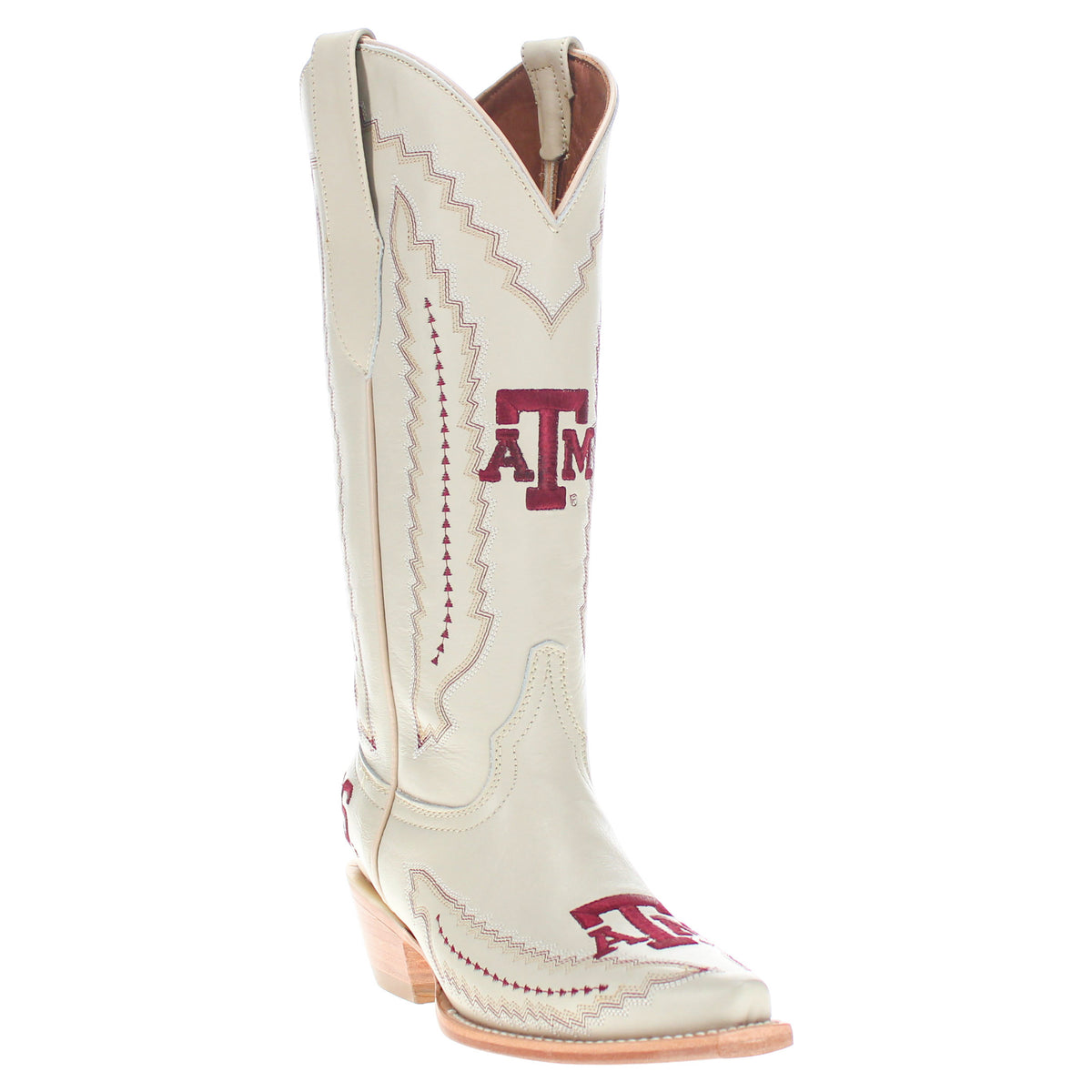 Cream cowboy boot side view with maroon A&M logo and stitched detailing