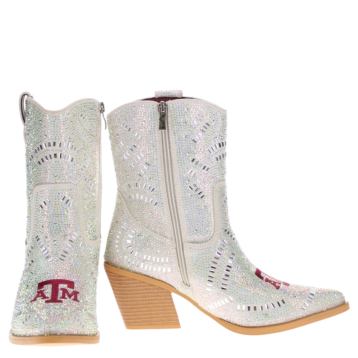 Pair of silver rhinestone mid-calf cowboy boots, side zipper, tan stacked heel