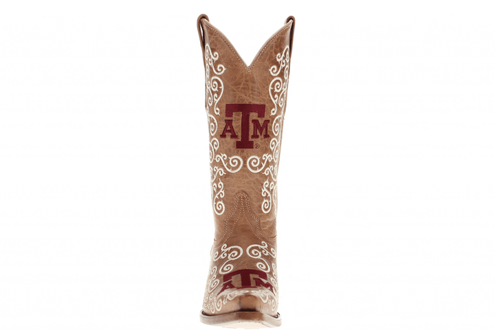 Women's Texas A&M Aggies Cowgirl Boots | White Scroll Embroidery Tan Snip Toe Boots | Officially Licensed | Claire