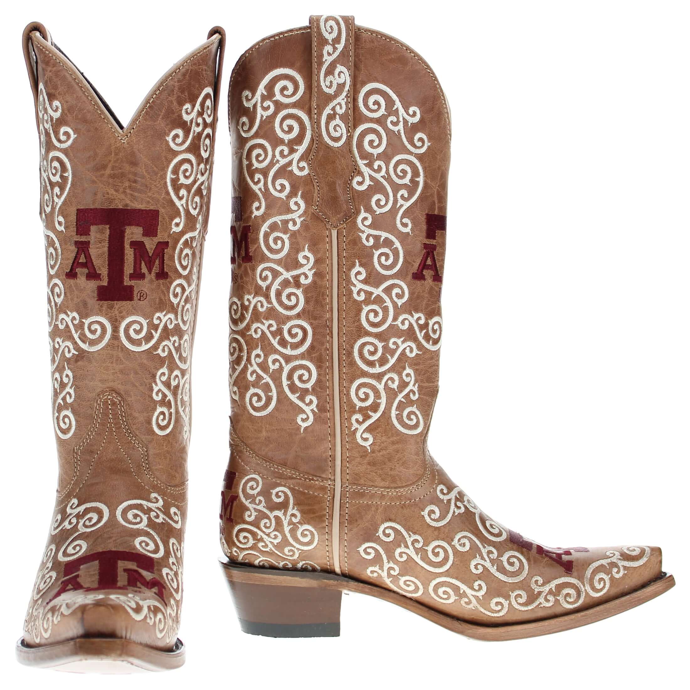 Women's Texas A&M Aggies Cowgirl Boots | White Scroll Embroidery Tan Snip Toe Boots | Officially Licensed | Claire