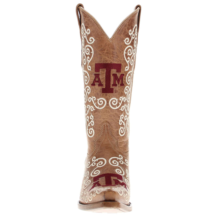 Women's Texas A&M Aggies Cowgirl Boots | White Scroll Embroidery Tan Snip Toe Boots | Officially Licensed | Claire