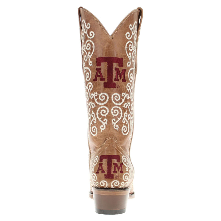 Women's Texas A&M Aggies Cowgirl Boots | White Scroll Embroidery Tan Snip Toe Boots | Officially Licensed | Claire