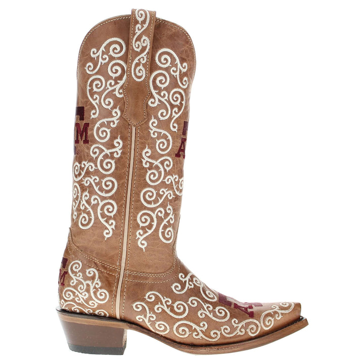 Women's Texas A&M Aggies Cowgirl Boots | White Scroll Embroidery Tan Snip Toe Boots | Officially Licensed | Claire