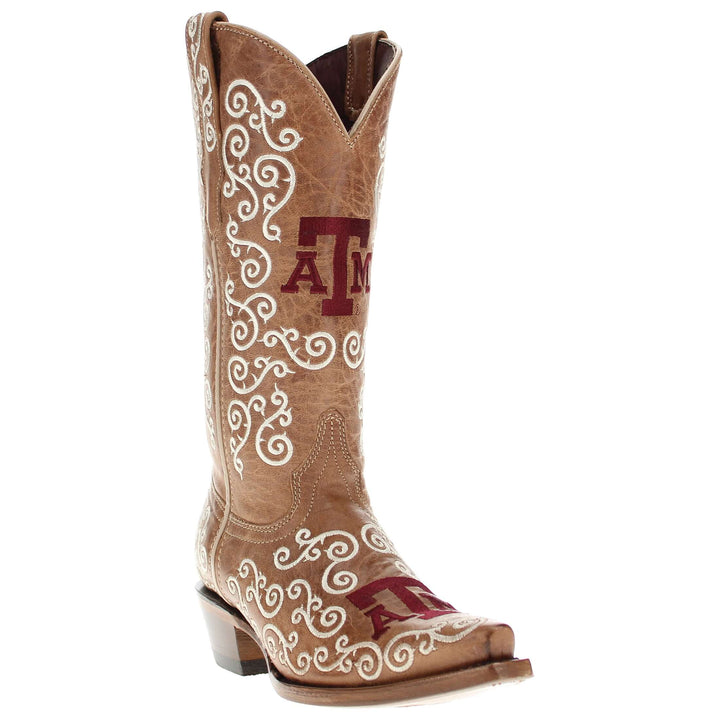 Women's Texas A&M Aggies Cowgirl Boots | White Scroll Embroidery Tan Snip Toe Boots | Officially Licensed | Claire