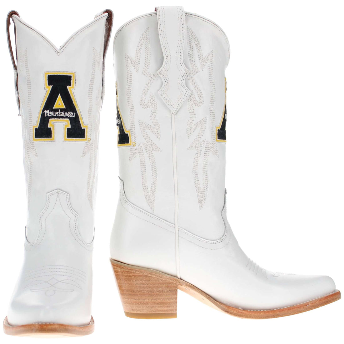 Pair of white cowboy boots with heel and 'A' logo on the front
