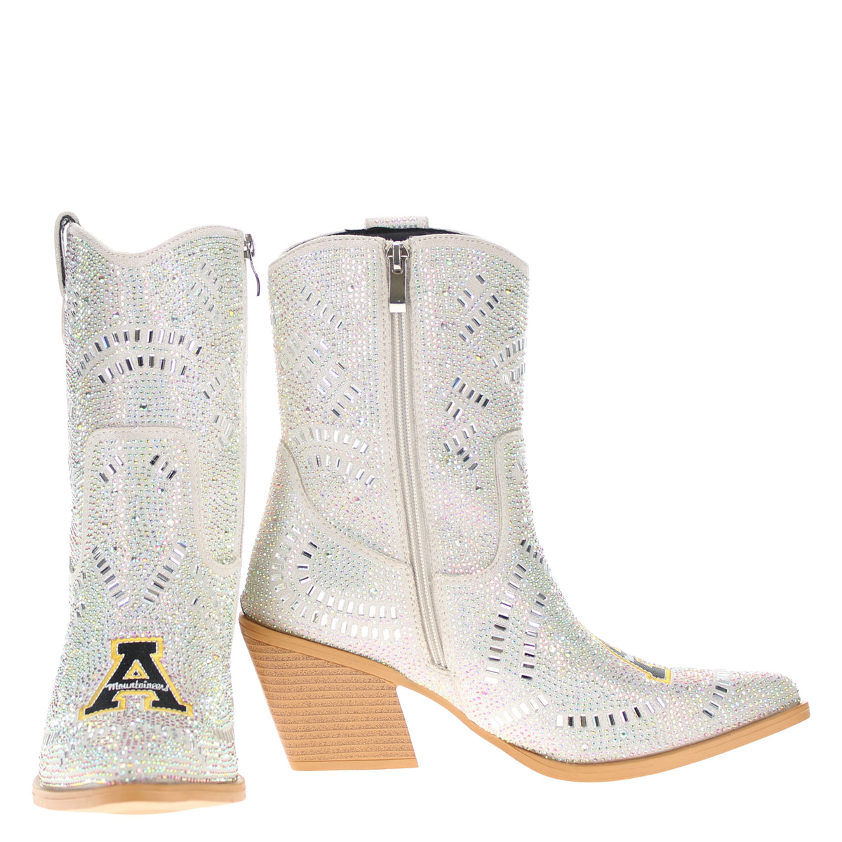 Pair of silver rhinestone cowboy boots with side zipper, pointed toe and tan stacked heel