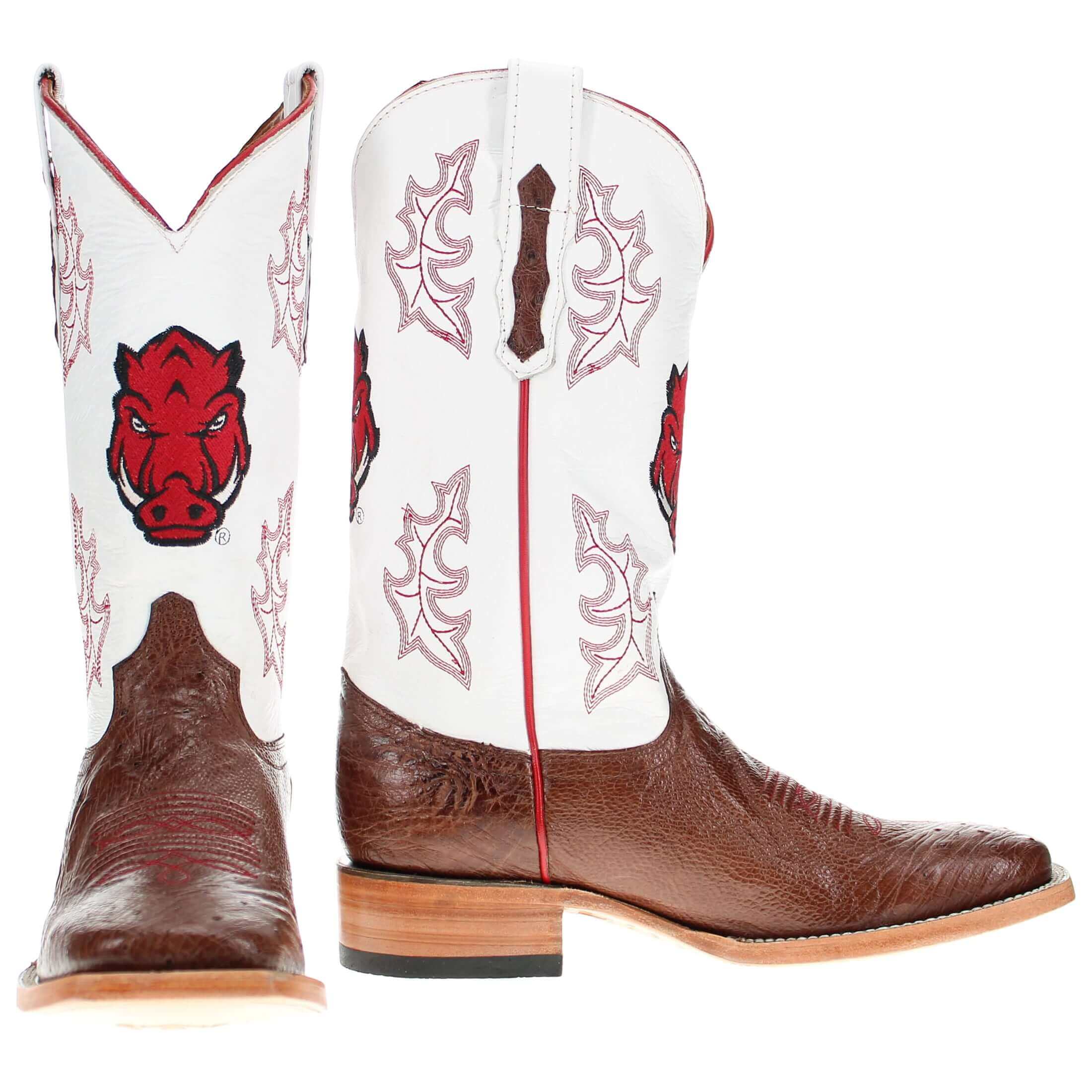 Men's University of Arkansas Razorbacks Mocha Broad Square Smooth Ostrich Cowboy Boots Brooks by Vaccari