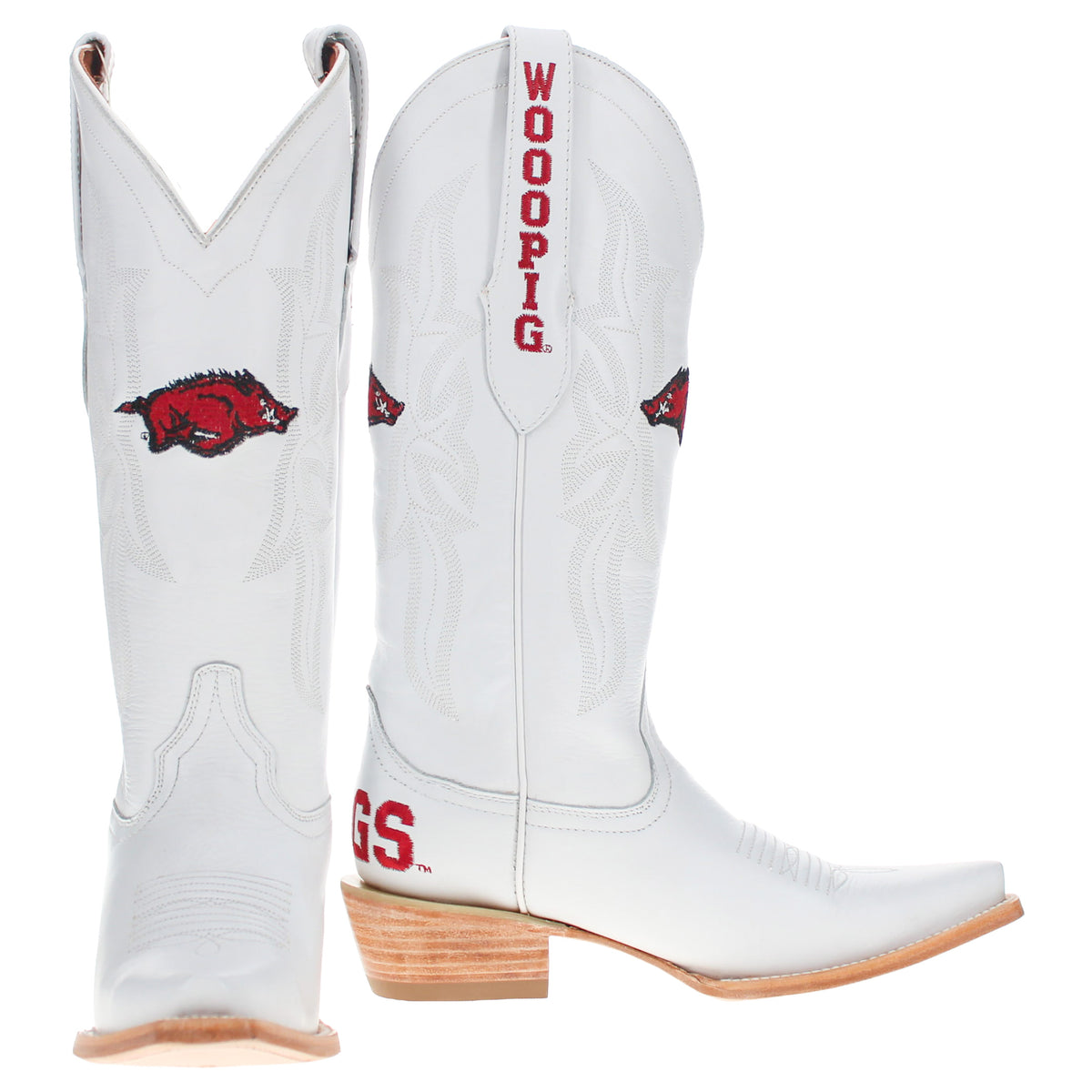 Pair of white cowboy boots with red "WOO PIG" shaft logo, tan outsole