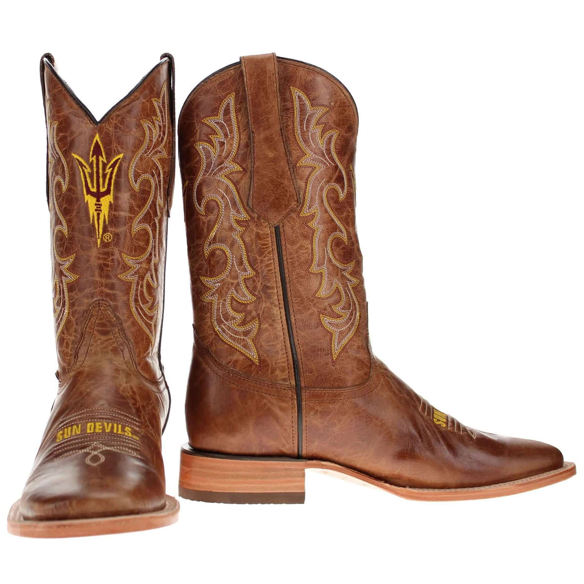 Pair of brown cowboy boots with gold embroidery, side zipper seam, and square toe