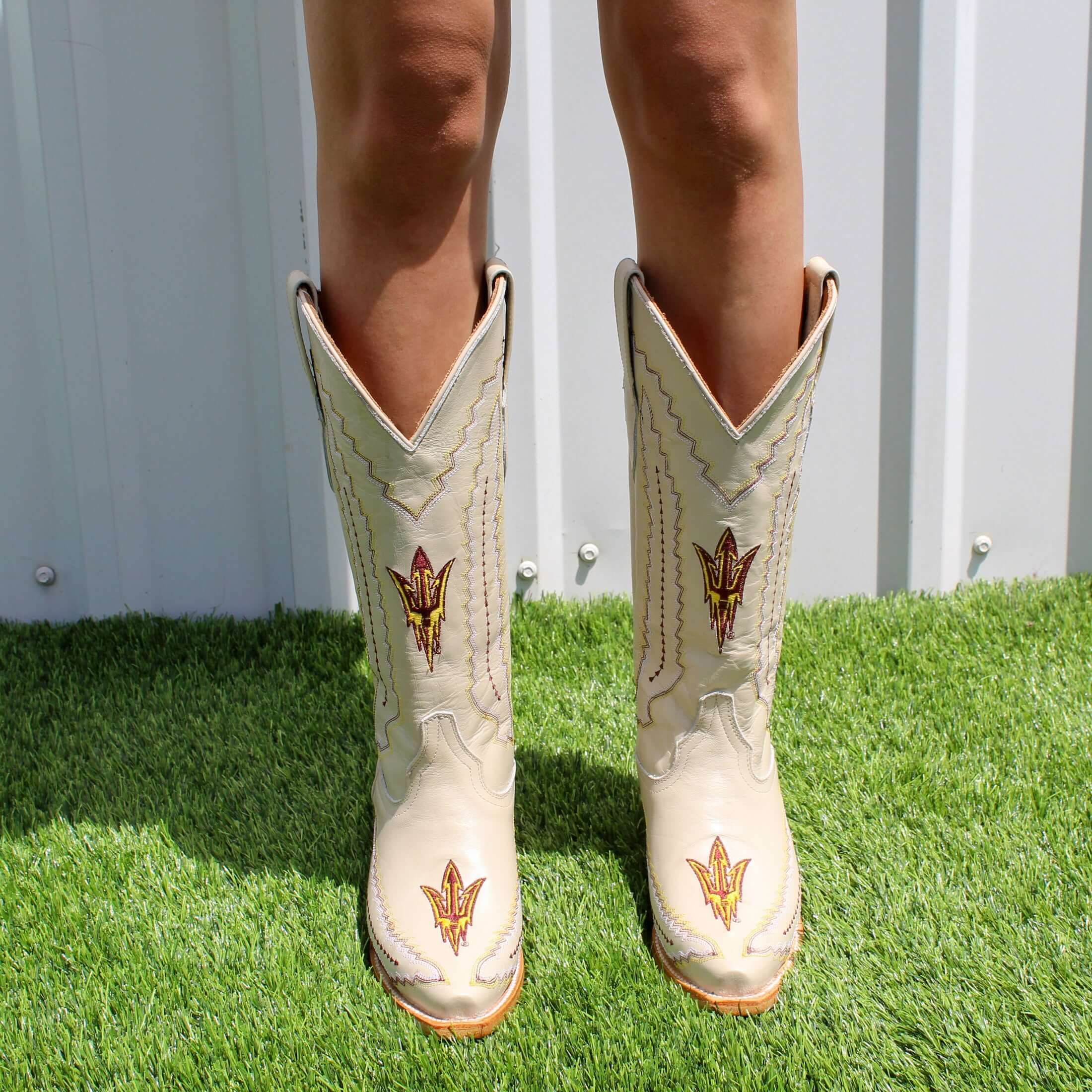 Women's Arizona State University Cowgirl Boots Bone Leather Snip Toe Boots by Vaccari