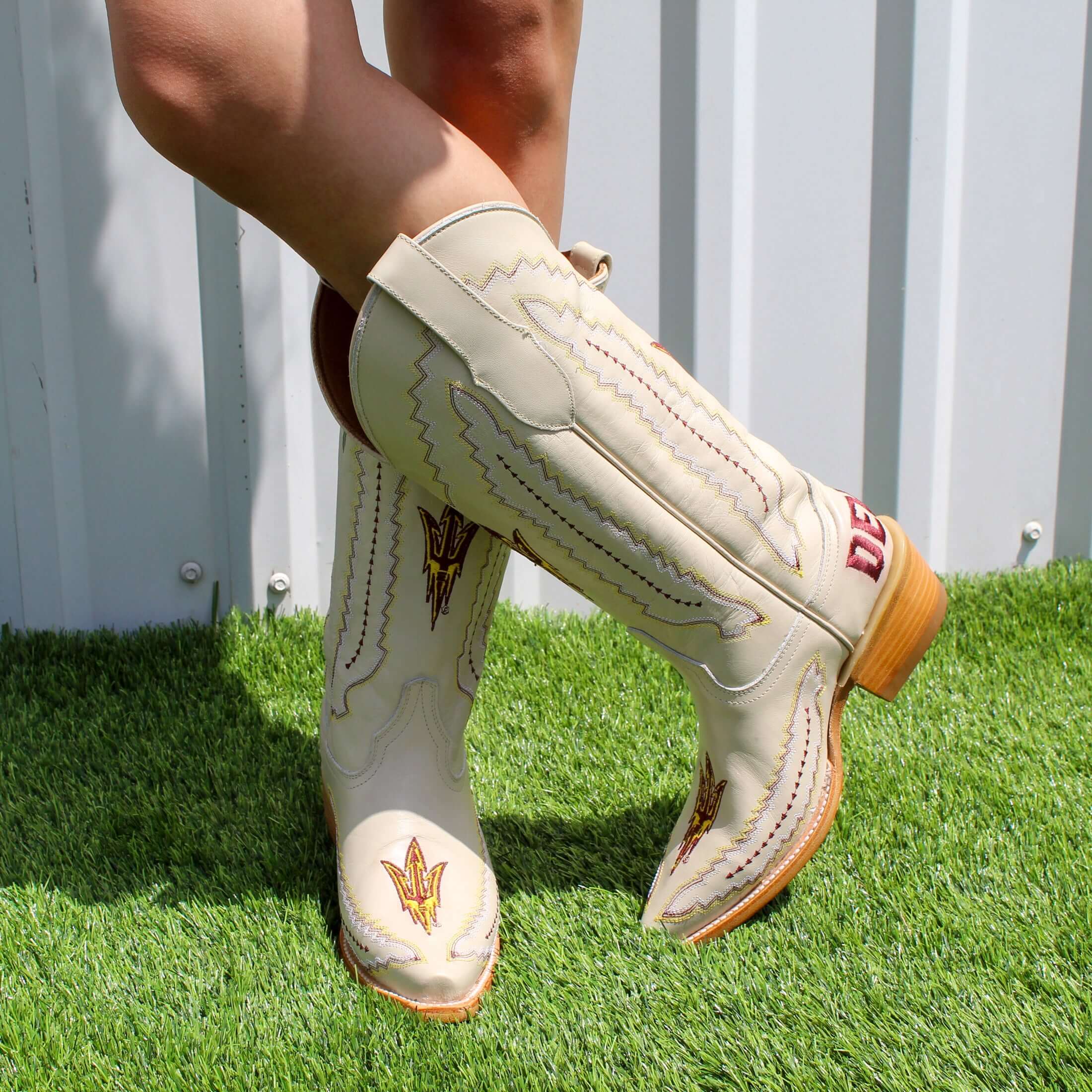 Women's Arizona State University Cowgirl Boots Bone Leather Snip Toe Boots by Vaccari