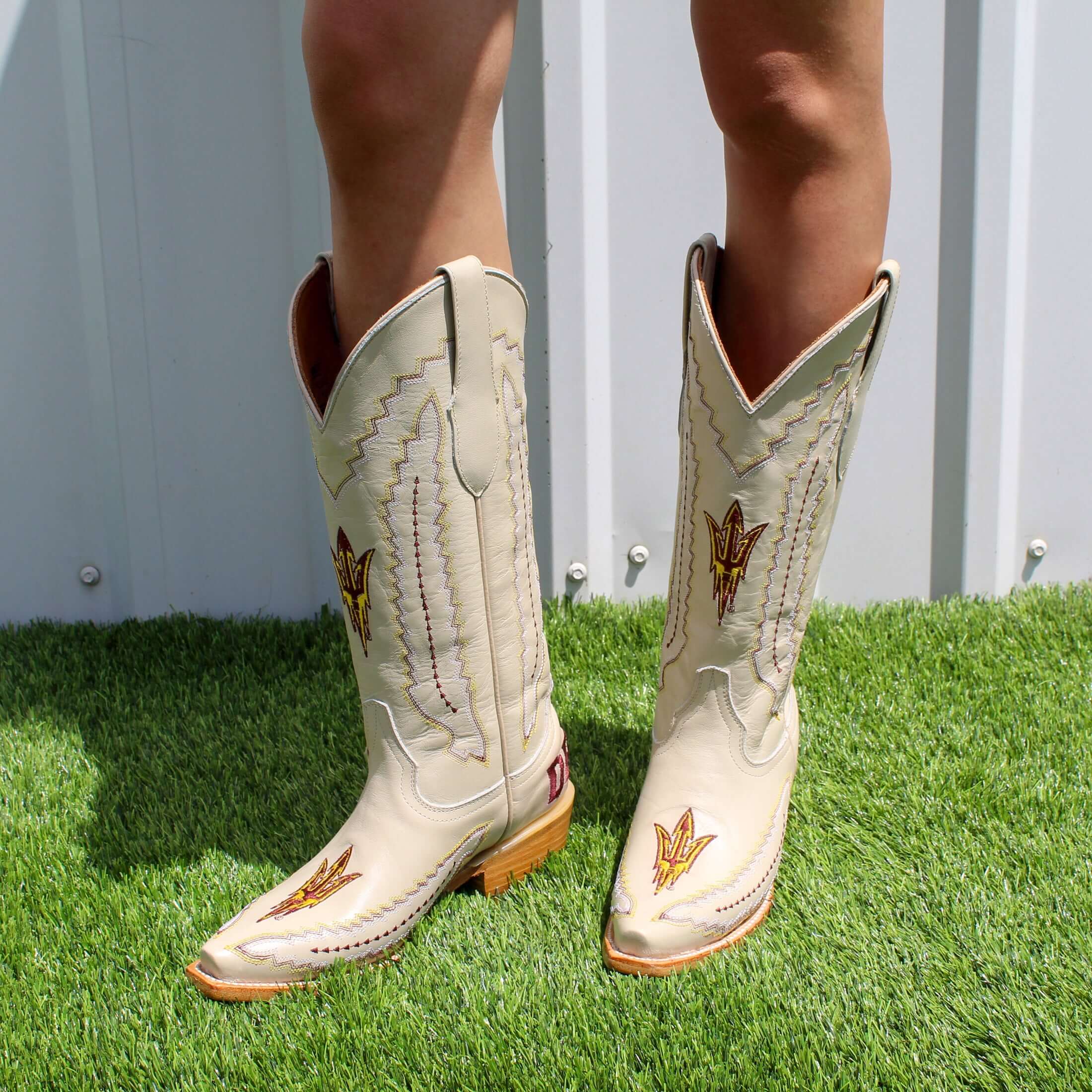 Women's Arizona State University Cowgirl Boots Bone Leather Snip Toe Boots by Vaccari