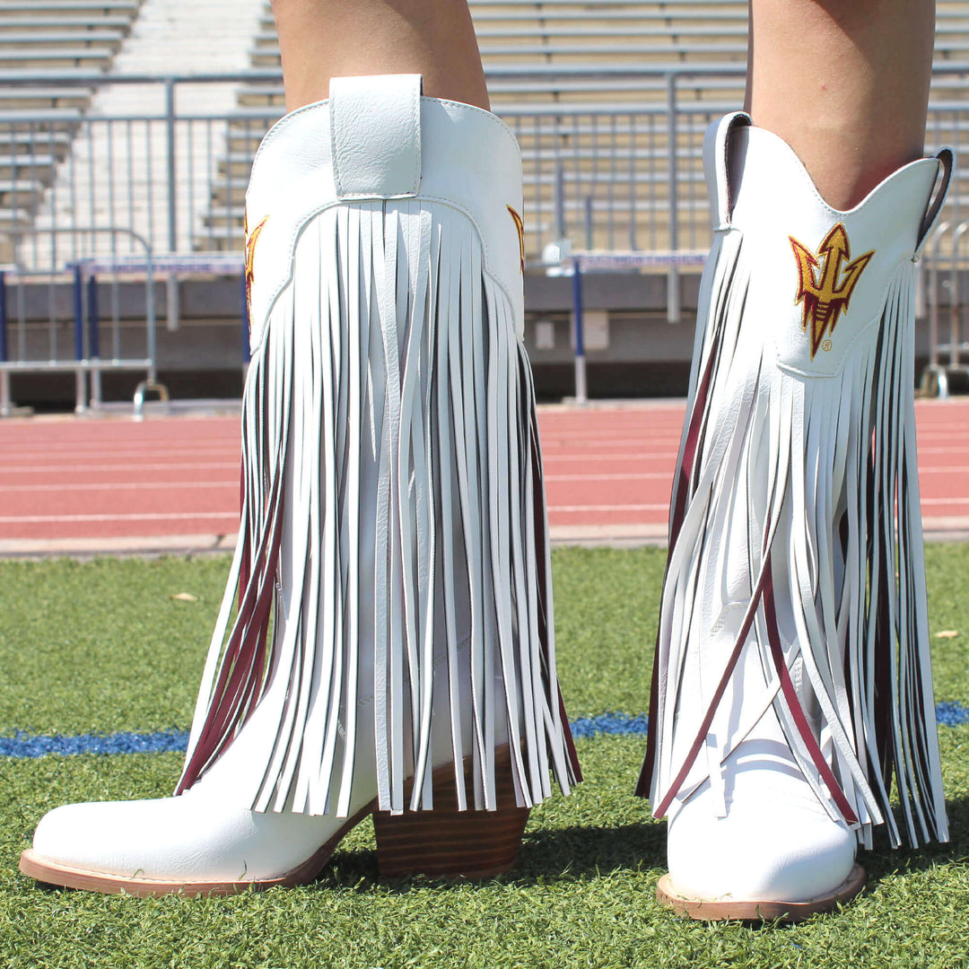 Azriona State University Kacey White Fringe Boot By V By Vaccari