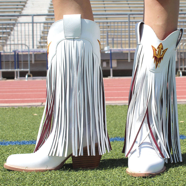 Azriona State University Kacey White Fringe Boot By V By Vaccari