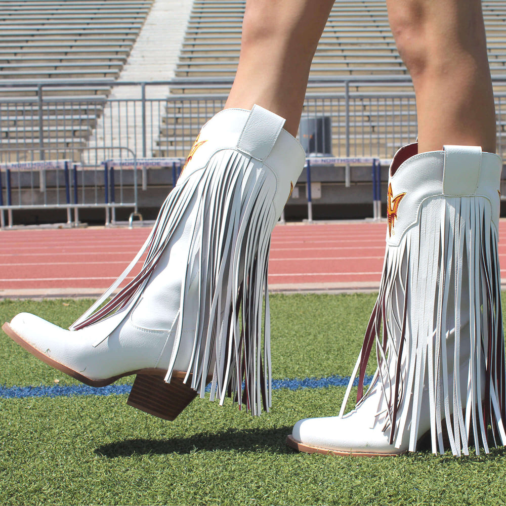 Azriona State University Kacey White Fringe Boot By V By Vaccari