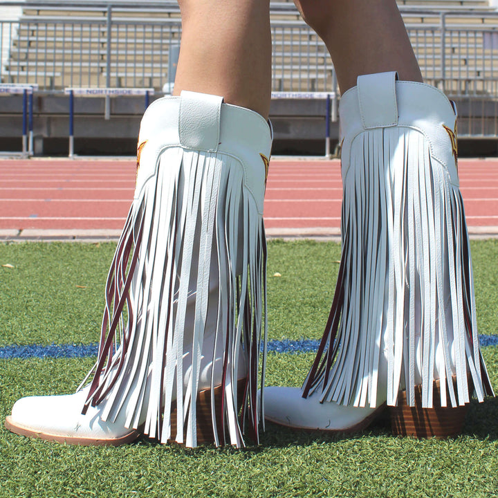 Azriona State University Kacey White Fringe Boot By V By Vaccari