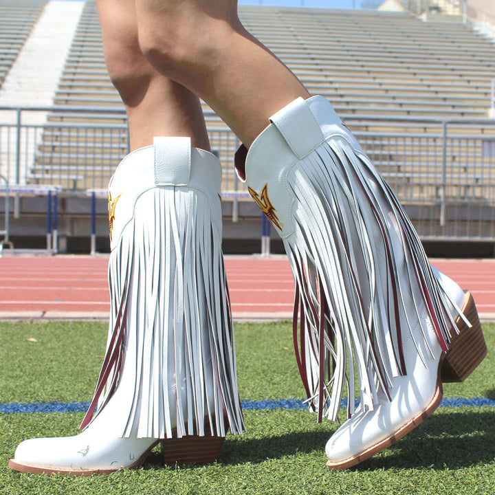Azriona State University Kacey White Fringe Boot By V By Vaccari