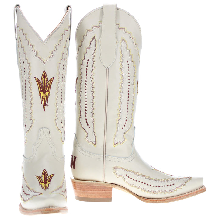 Women's Arizona State University Cowgirl Boots Bone Leather Snip Toe Boots by Vaccari