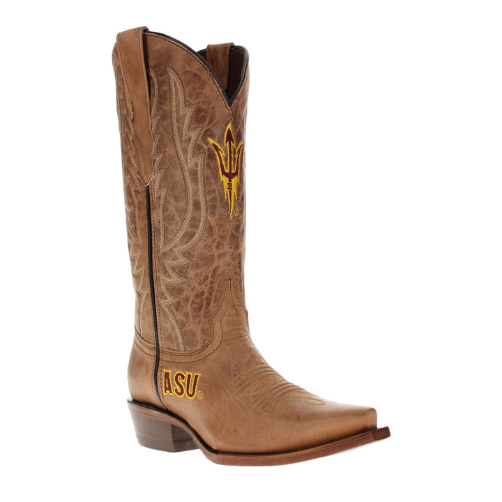 Women's Arizona State University Sundevils Tan Leather Snip Toe Cowgirl Boots by Vaccari