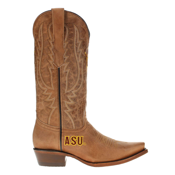 Women's Arizona State University Sundevils Tan Leather Snip Toe Cowgirl Boots by Vaccari